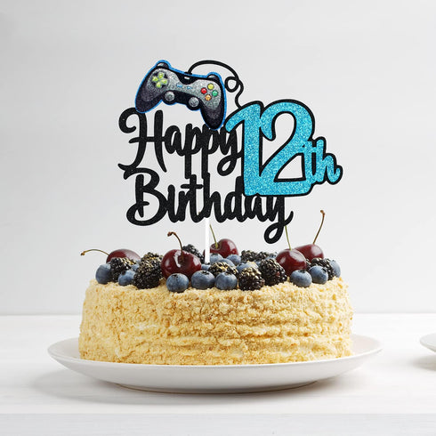 Video Game Happy 12th Birthday Cake Topper - Blue Cake Supplies for Boy's 12th Birthday Party - Game On Level Up