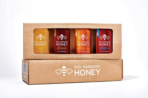 Set, 4 3 OZ Bee Harmony Rare Varietals Honey Flight, Mini Honey Gift Jars, Each, Premium, Raw (Acacia, Buckwheat