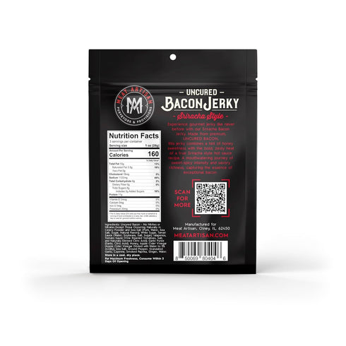 3oz (85g) Meat Artisan Sriracha Style Uncured Bacon Jerky - Gluten Free No MSG and No Nitrates - Gourmet Meat Snacks