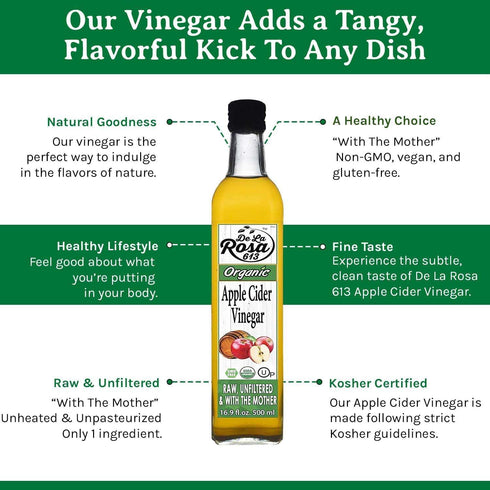 16.9 oz De La Rosa Organic Apple Cider Vinegar, Raw & Unfiltered with The Mother, Kosher for Passover, Vegan