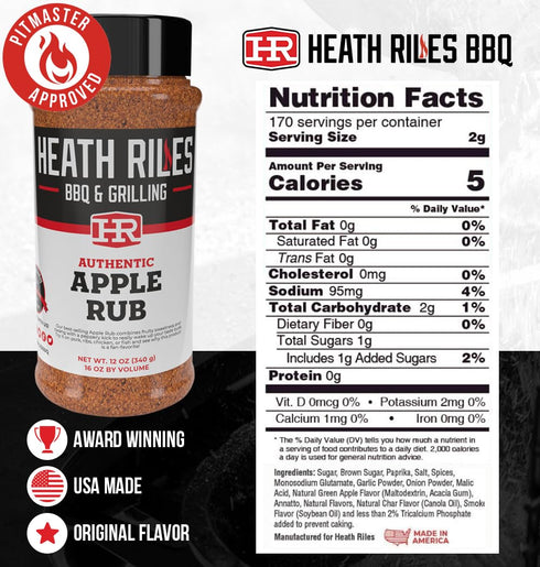 Heath Riles BBQ Rub, 12 oz - Apple BBQ Seasoning Rub, Champion Pitmaster Recipe