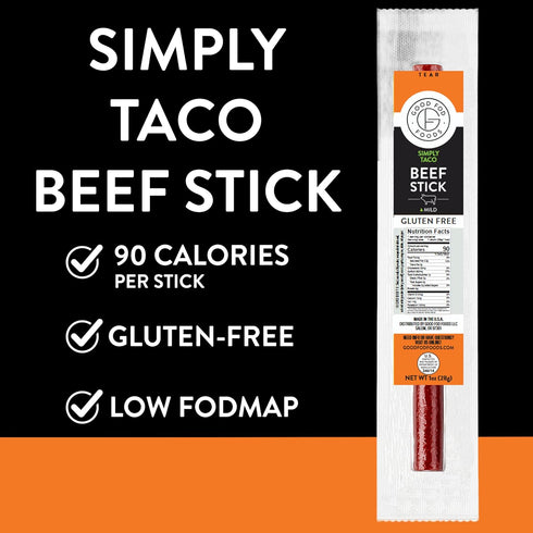 1 (12 Pack) Good Fod Foods Simply Taco Meat Sticks Low FODMAP Snacks for a Healthy Gut, Zero Sugar Jerky Sticks, Keto