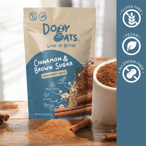 Dozy Packets, Multipack 12-Pack Oats Overnight Oatmeal Cinnamon and Brown Sugar with Rolled Oats and Chia Seeds.