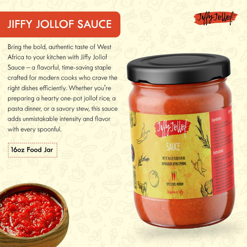 16oz Jiffy Jollof Sauce, Authentic Nigerian Tomato Pepper Blend for One-Pot Meals, Spicy Pasta, Roasted Bell Pepper