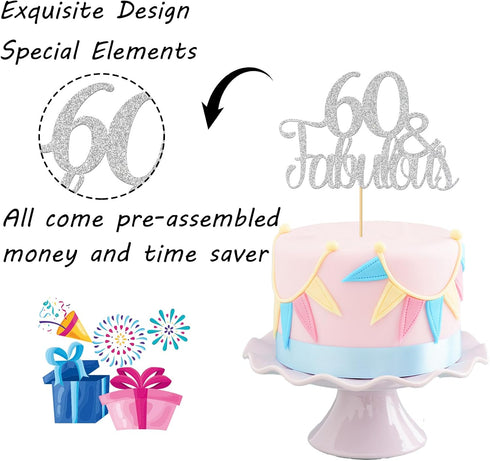 Silver Glitter 60 & Fabulous Cake Topper, 60th Birthday/Anniversary Decoration