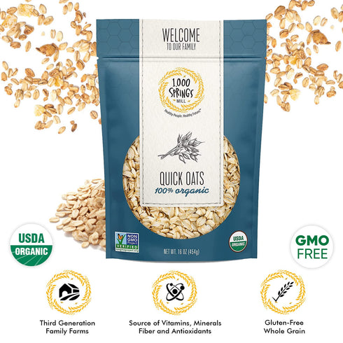 1000 16oz (Pack 1) Springs Mill - Organic Quick Oats | Used for breakfast Oatmeal, Muffins, Granola Bars, Cookies