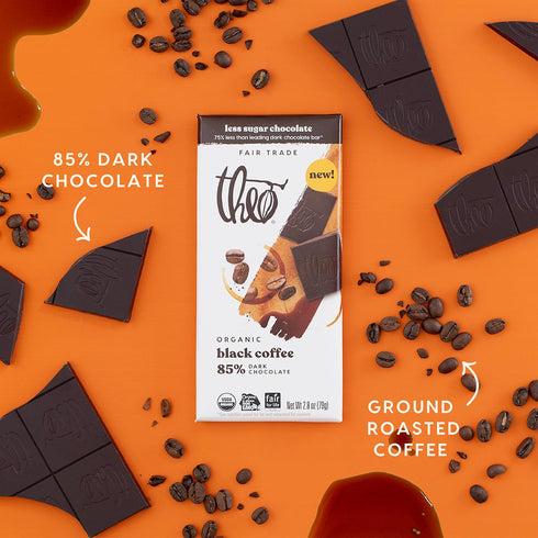 85% 6 Pack Theo Chocolate Black Coffee, Organic Dark Chocolate Bar, Cacao, | Vegan, Fair Trade