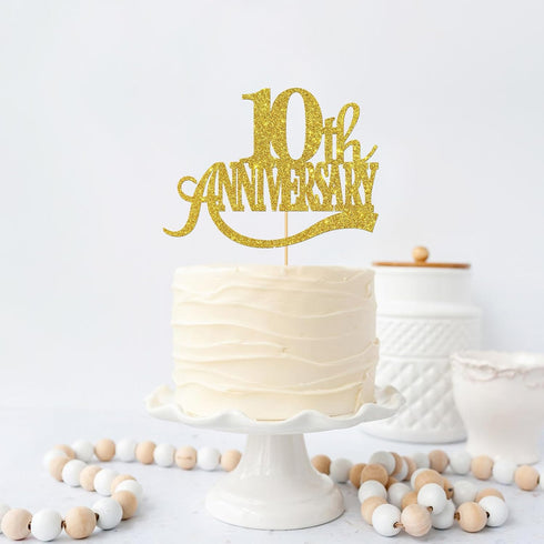 Gold Glitter 10th Anniversary Cake Topper - Happy 10th Wedding Anniversary / Birthday Party Decorations