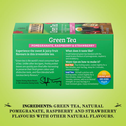 20 Count (Pack 2) Twinings Green Tea with Pomegranate, Raspberry, and Strawberry - Caffeinated Green Tea Bags