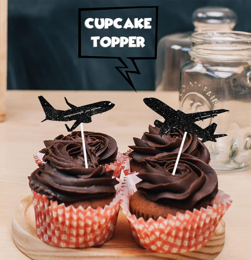 LETLIMIT 18pcs Black Glitter Silhouette Airplane Dessert Cupcake Topper Aviation Flying Theme Decorations Baby Shower