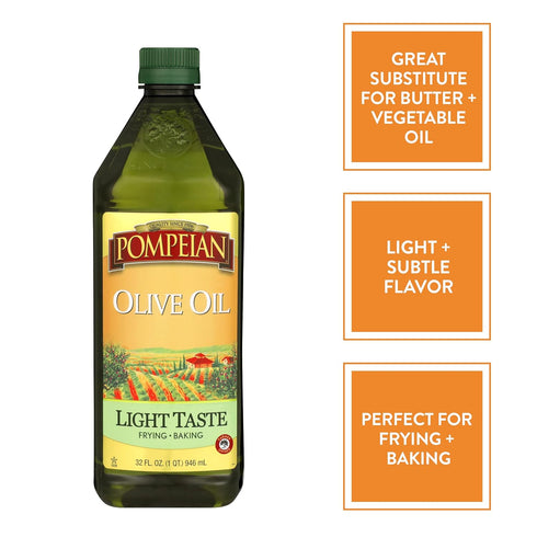 Pompeian Light Taste Olive Oil, Subtle Flavor, Perfect for Frying & Baking, Naturally Gluten Free, Non-Allergenic, Non-GMO, 32 FL. OZ.