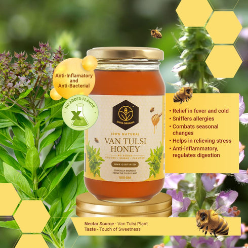 35.27 (1000g) Shiva Organic's Van Tulsi Nectar Honey - NMR Tested, Natural Honey, No Added Sugar, Flavorful - Ounce