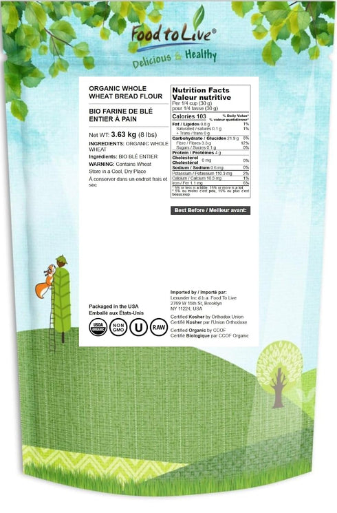 8 Food to Live Organic Whole Wheat Bread Flour, Pounds - Whole Grain, Unbleached, Non-GMO, Kosher, Unbromated, Raw