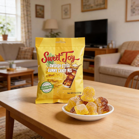 SweetJoy Gummy 16oz (4 4oz), Pack Swedish-Style Candy Mix, Non-GMO, Gelatin-Free, and Pineapple, Cola, Soda Flavored