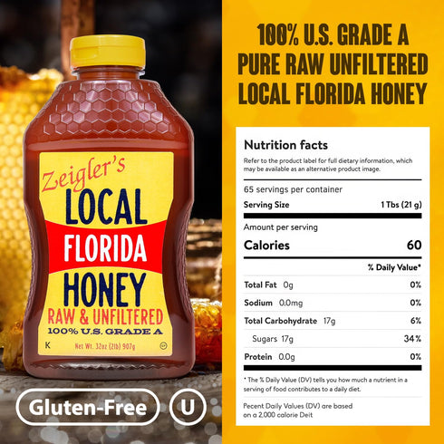 32 Oz 100% Packed Zeigler's Florida Local Honey, Pure, Raw & Unfiltered Honey All-Natural, with Nutrients Great