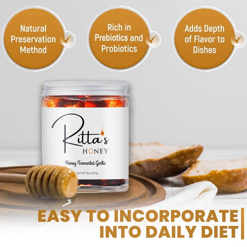 Ritta's Honey 100% Fermented Garlic Honey to Enhance Meals and Overall Wellness. Pure, Nutrient Rich Raw California