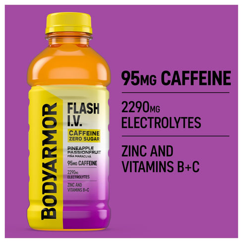 20 Oz (Pack 12) BODYARMOR Flash I.V. Zero Sugar + Caffeine, Pineapple Passionfruit Electrolyte Beverage, Hydration