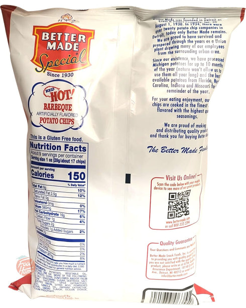 8.5-ounce Better Made Family Size red hot! barbeque flavor potato chips, bag