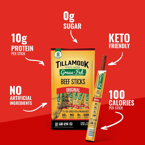 Country 100% 1.15 (Pack 8) 30 Tillamook Smoker Grass Fed Beef Sticks, Zero Sugar, Original, Ounce of Whole Approved