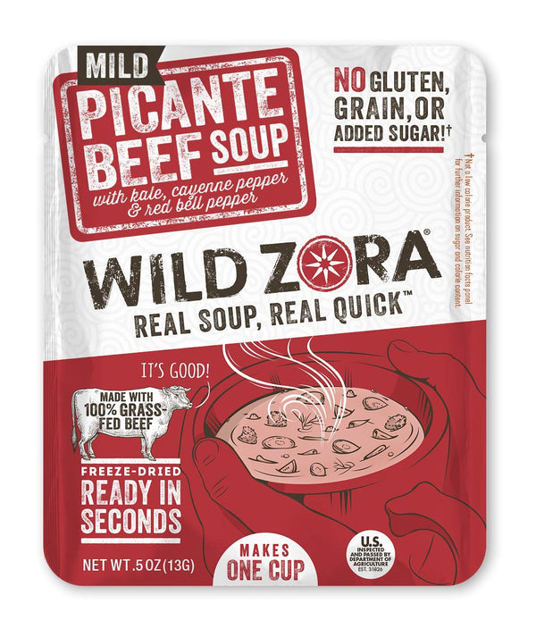 Wild Zora Instant Keto-Friendly Soups, Picante Beef 8-pack, Gluten-Free, Low Carb, 100% Grass-Fed Beef, 0.5oz