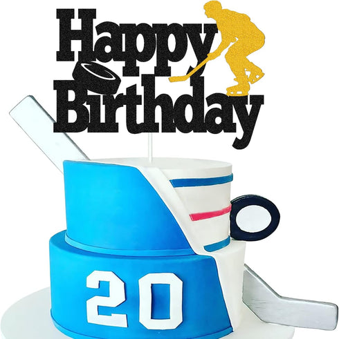 Hockey Cake Topper with Player Figurines - Happy Birthday Decor for Kids, Boys, Girls, Ice Hockey Party Supplies