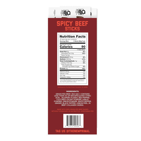 Whole30 9g 20 The New Primal Grass-Fed Spicy Beef Sticks, Keto, Gluten Free Healthy Snacks for Adults, Sugar Free Low