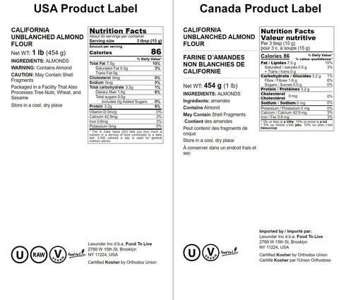 1 Food to Live California Unblanched Almond Flour, Pound - Natural Meal, Finely Milled with Skin On, Raw Kosher Vegan