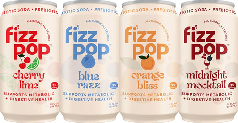 12 oz (Pack 12) Fizz Pop Metabolic Sparkling Postbiotic and Prebiotic Soda Pop Gut Health Seltzer Water Fiber Drink