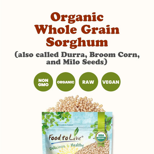 6 Food to Live Organic Italian White Whole Grain Sorghum, Pounds Non-GMO White Groats. Raw Milo Seeds. Vegan, Bulk