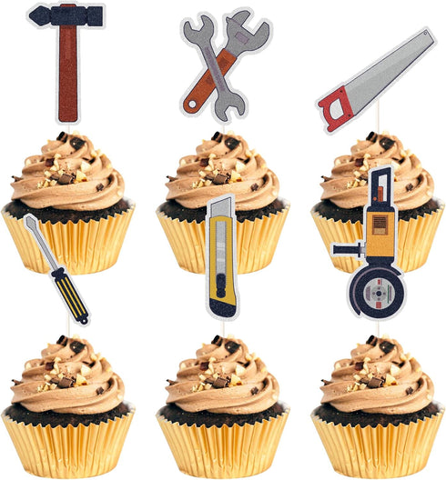 MEFENG Mechanic Cupcake Toppers, 18pcs Tools Dessert Toppers, Silver/Grey Birthday Party Supplies