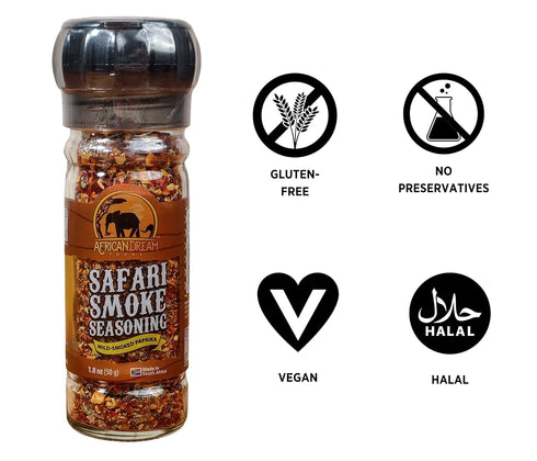 Safari Smoke Seasoning by African Dream Foods | All-Natural Smoky Seasoning | Smoked Paprika, Garlic, Basil, Sea Salt |