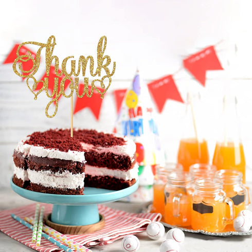 Thank You Cake Topper, Gold Glitter, Engaged, Wedding, Bridal Shower, Thanksgiving Day Party Decorations