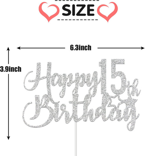Paroke & Bubble Silver Glitter Happy 15th Birthday Cake Topper for 15th Birthday Party Decoration