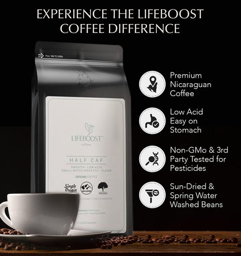 12 Lifeboost Coffee Half Caff Ground Coffee - Low Acid Single Origin USDA Organic Coffee - Non-GMO Ground Coffee Third