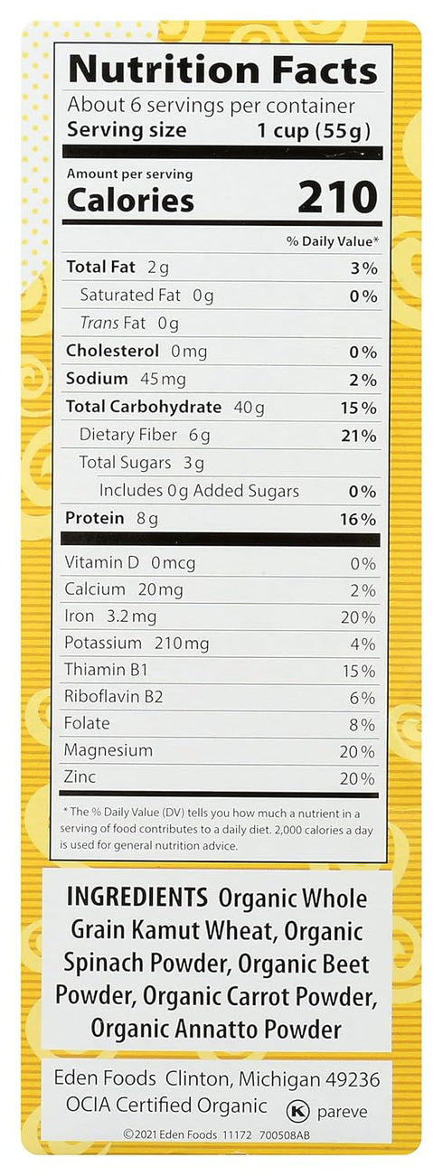 12 oz, 100% Eden Organic Kamut Vegetable Spirals, Whole Grain, Non-GMO