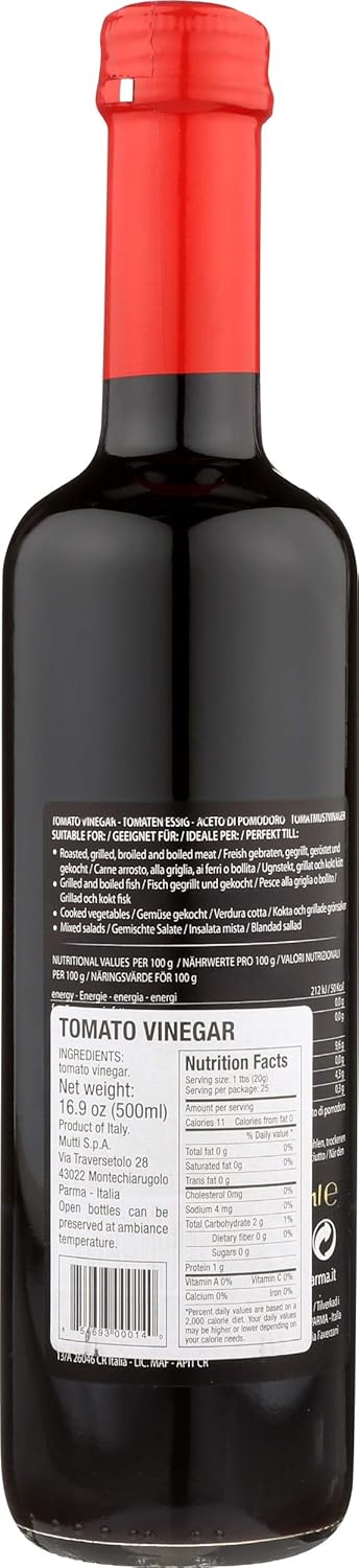 16.9 oz. #1 Mutti Tomato Vinegar (Aceto di Pomodoro), | Italys Brand of Tomatoes | Fresh Taste for Cooking | Vegan