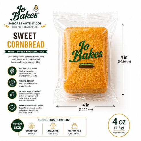JO BAKES 8 Count Cornbread Slices Individually Wrapped Grab & Go Lunchbox Treat, Southern Bakery Style