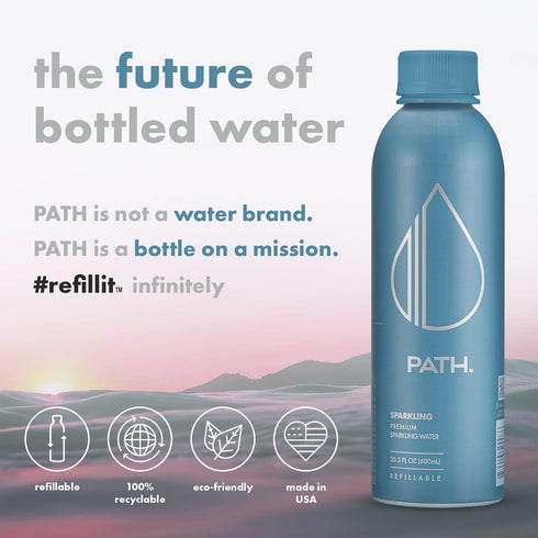 20.3 oz (Pack 4) PATH Sparkling Bottled Water - Ultra-Purified, pH-Balanced Carbonated Soda Water in Aluminum Bottle