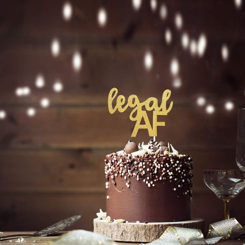 Legal AF Birthday Cake Topper for 18th, 19th, 21st Birthday Party Decorations, Double Sided Gold Glitter
