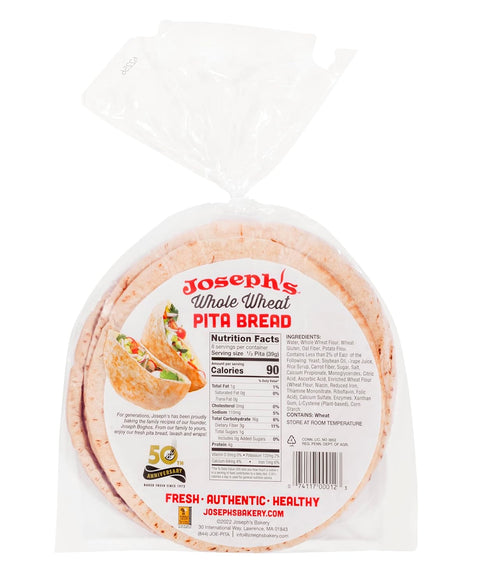 12 Pack (4 Count Pack, 48 Joseph's Whole Wheat Pita Bread - Low Calorie - Kosher and Vegan - Fresh Baked - per Pitas