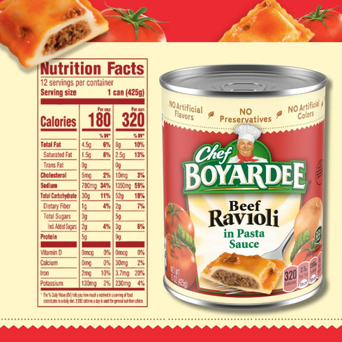 15 oz 12 Pack Beef Ravioli in Hearty Meat Sauce, Large Cans, Bulk - Classic Canned Pasta & Comfort Food for Quick
