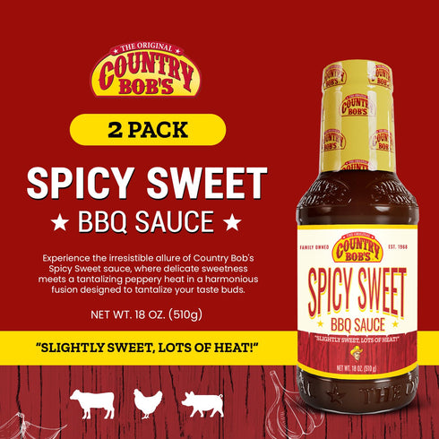 Country 18 oz (Pack 2) Bob's Spicy Sweet BBQ Sauce, Slightly Sweet with Bold Heat, Flavorful Hot for Grilling, Made