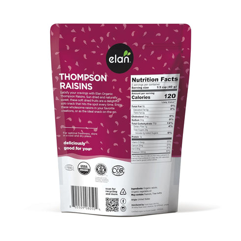 7.9 oz, Elan Organic Sun-Dried Thompson Raisins, Dried Fruits, No Added Sugar, Non-GMO, Vegan, Gluten-Free, Kosher