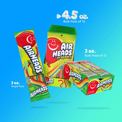 Package, 4.5 (12-Pack) Airheads Xtremes Belts Candy, Chewy Candy Rainbow Berry Fruit Flavor Artificially Flavored