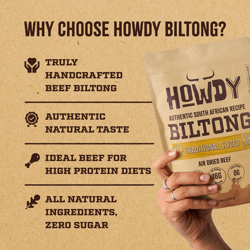 8oz. (2 8oz Packs) Howdysnax Handcrafted Authentic Small Batch Beef Biltong Traditional Slices Sugar Free Paleo Keto