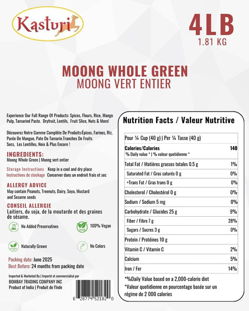 Kasturi (4 Lbs /1.81 /64 Oz) Moong Whole Green | Whole Green Mung Beans | Vegan Plant Protein | Non-GMO Dried | Healthy