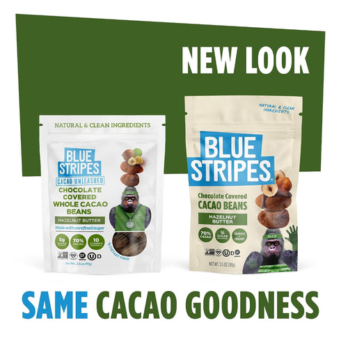 70% 5g 3.5 OZ Blue Stripes - Chocolate Covered Cacao Beans, Hazelnut Butter, Cacao, No Refined Sugar, Gluten Free