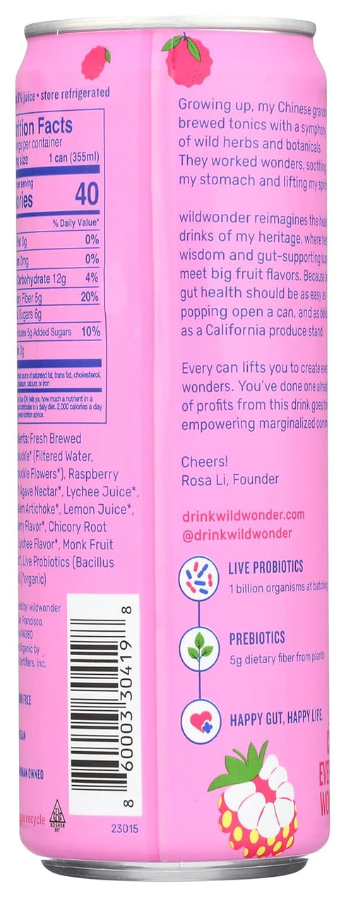 12 Wild Wonder Organic Raspberry Lychee Sparkling Probiotic Drink, FZ