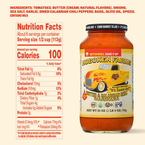 (25 Oz, Pack 2) Hoboken Farms Butter & Calabrian Chili Marinara Sauce - No Sugar Added, Non-GMO, Preservative-Free, Low