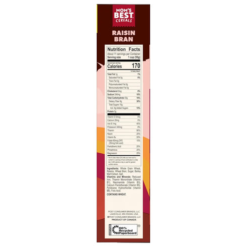 Mom's Best 22 oz (Pack 10) Moms Best Raisin Bran Whole Grain Cereal with No Artificial Flavors, Box